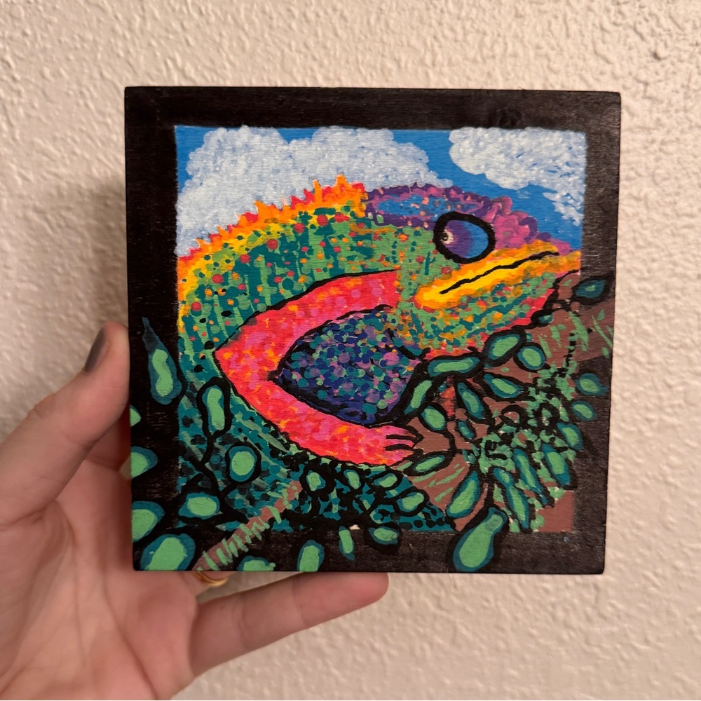 “Bronzo the chameleon” mini original acrylic painting on wood panel 5x5”